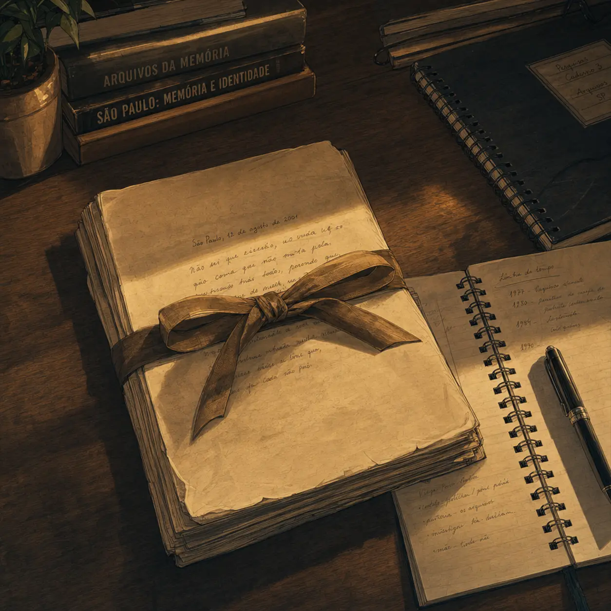 Um manuscrito fechado com uma fita antiga sobre uma mesa de madeira, ao lado de uma fotografia
