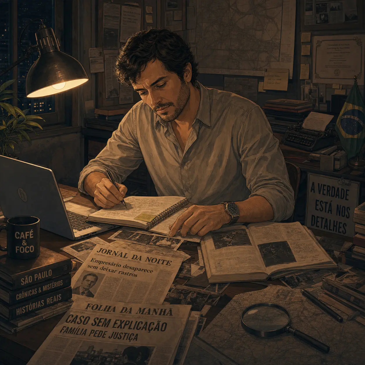 Retrato ilustrado de Daniel Rocha, pesquisador, cercado por documentos e recortes de jornal
