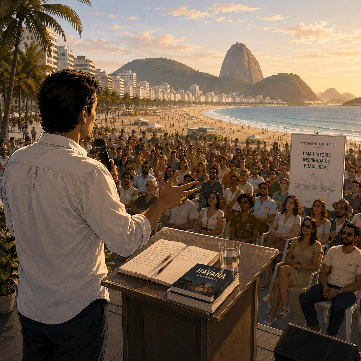 Um homem apresenta uma história diante do público, com a praia e o Pão de Açúcar ao fundo